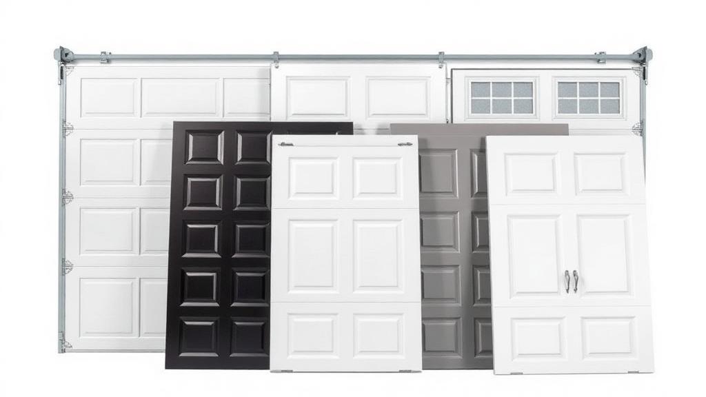 Variety of garage door panel samples showing different materials - steel, aluminum, and fiberglass