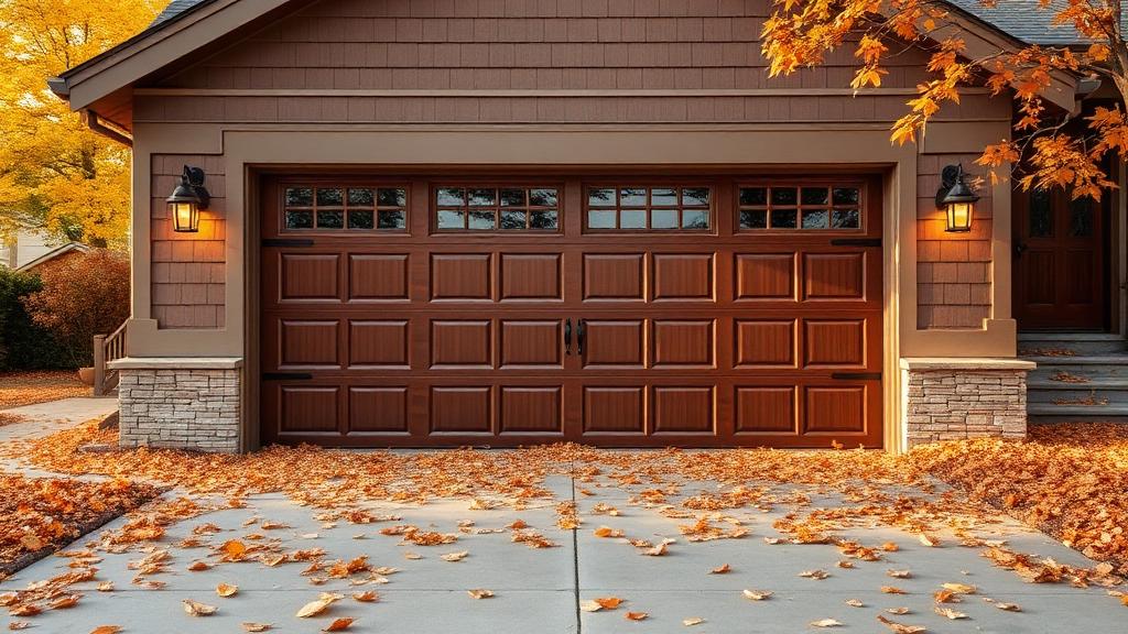 Craftsman style home with wood garage door surrounded by autumn leaves on driveway