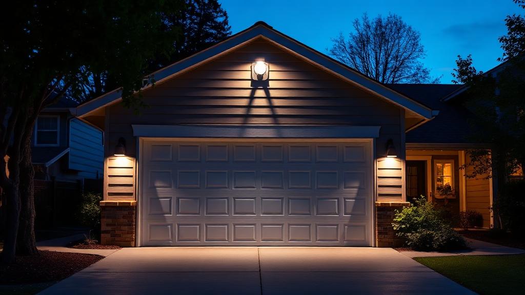 Residential garage at dusk with LED security lighting illuminating garage door and driveway