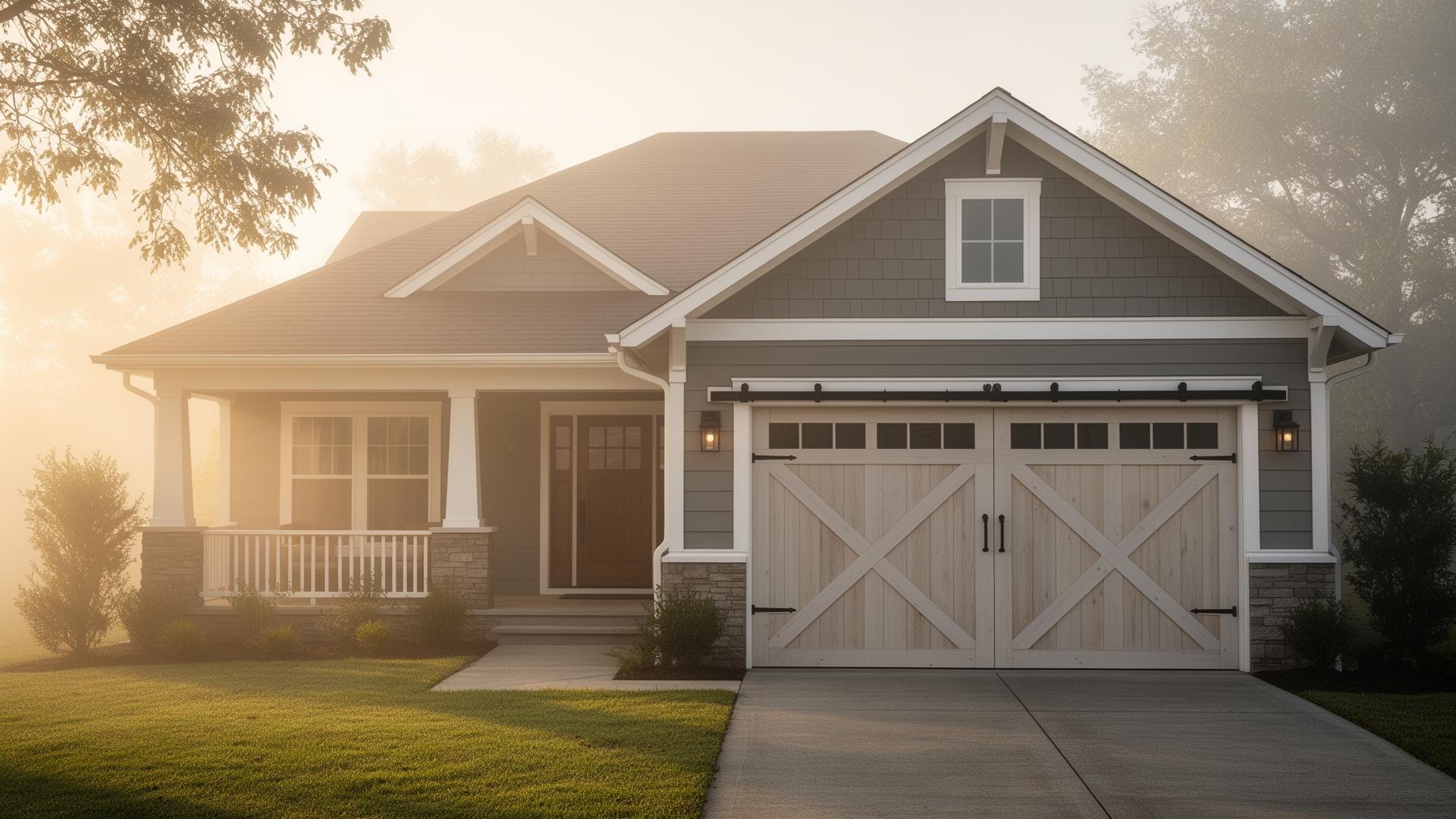 Beautiful craftsman home with farmhouse barn-style garage door featuring X-pattern design